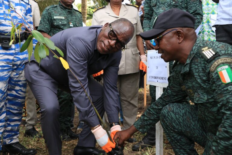 Le ministre Assahoré procédant à la mise en terre des plants de palétuviers à à N'Galwa à Adiaké