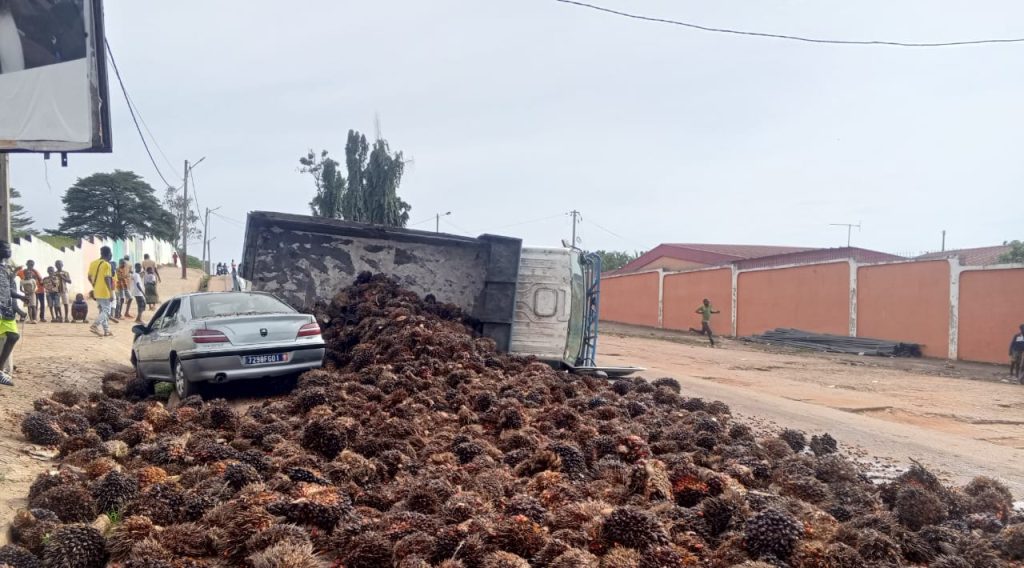 Côte d’Ivoire-AIP/ Un camion de régime de graine de palmier se renverse sur la chaussée à Lakota