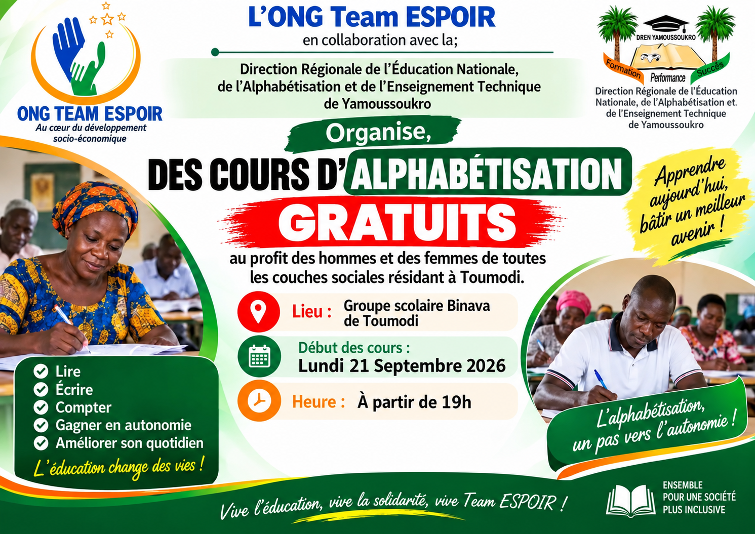 Côte d’Ivoire-AIP/ Des cours gratuits d’alphabétisation ouverts à tous dès le 21 septembre 2026 à Toumodi