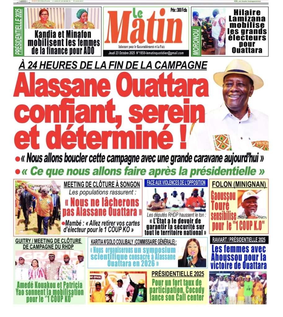 Côte d’Ivoire-AIP/ Revue de presse : la présidentielle domine les Unes de ce jeudi 23 octobre 2025