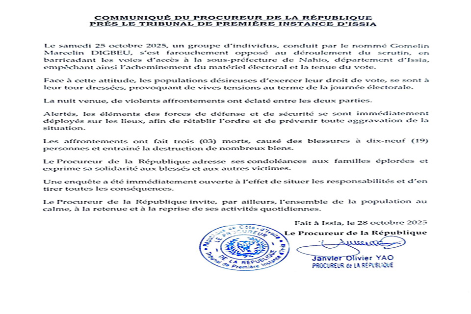 Côte d’Ivoire-AIP / Violences électorales à Nahio : trois morts et 19 blessés enregistrés (Procureur d’Issia)