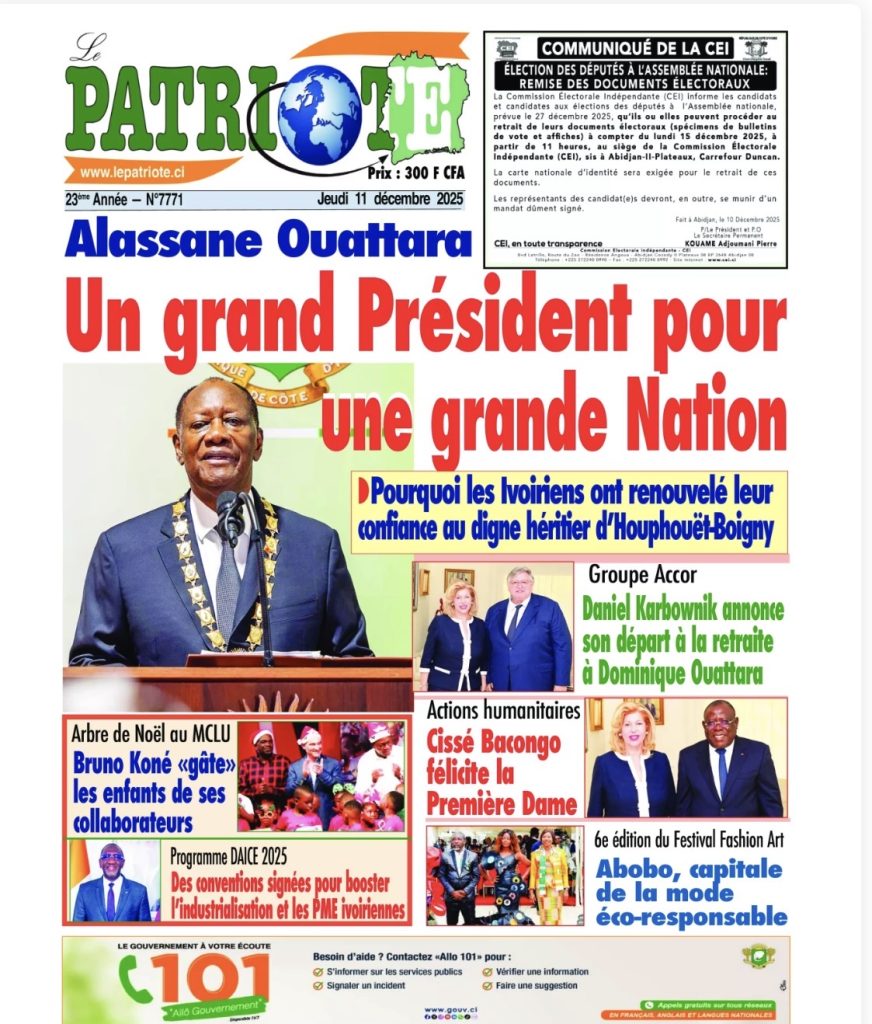 Côte d’Ivoire-AIP/ Revue de presse/ Le PNSAR 2026 et la montée en puissance des enjeux politiques dominent les Unes des journaux de ce 11 décembre