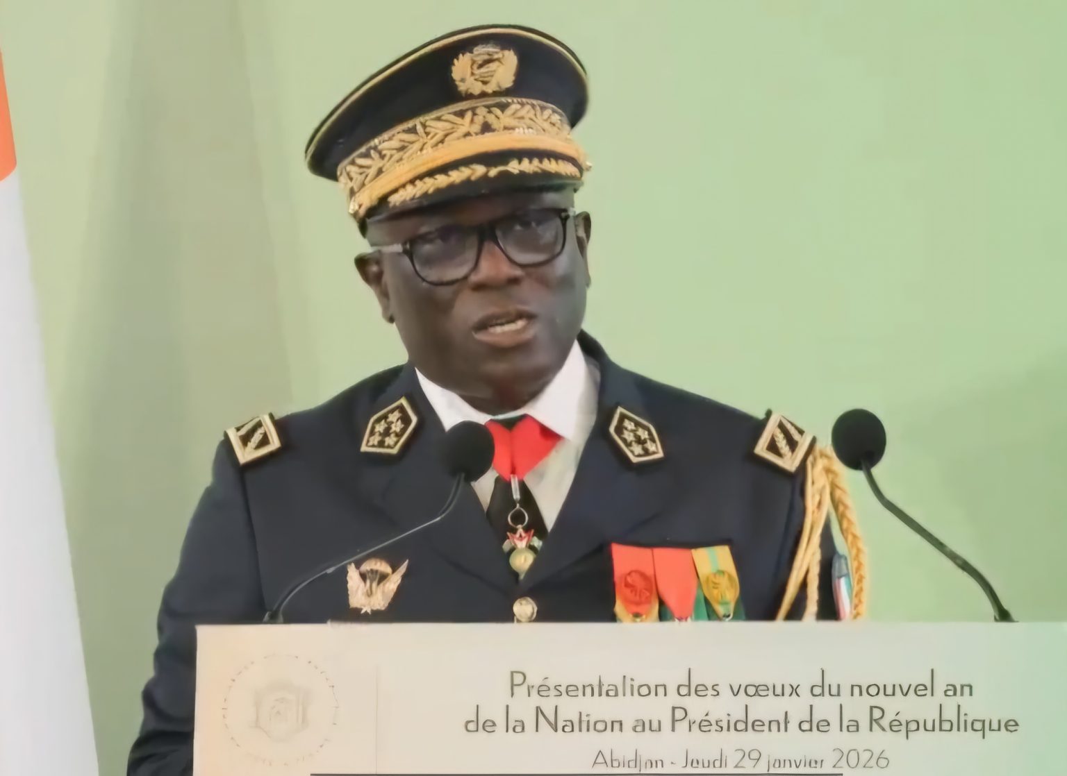 AIP/ Nouvel an: le chef d’état-major réaffirme la loyauté de l’Armée ivoirienne au Président Ouattara Le chef d'État major général d'armées, le général de Corps d'armées, Lacina Doumbia à la cérémonie de présentation des vœux au président de la République, Alassane Ouattara, jeudi 29 janvier 2026, à Abidjan.
