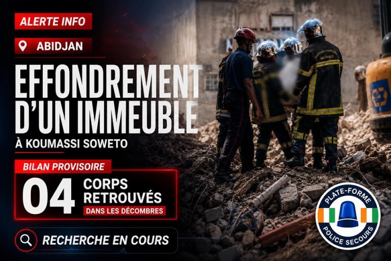 Côte d’Ivoire-AIP/ Quatre corps extraits des décombres après l’effondrement d’un immeuble à Koumassi Soweto (Secours)