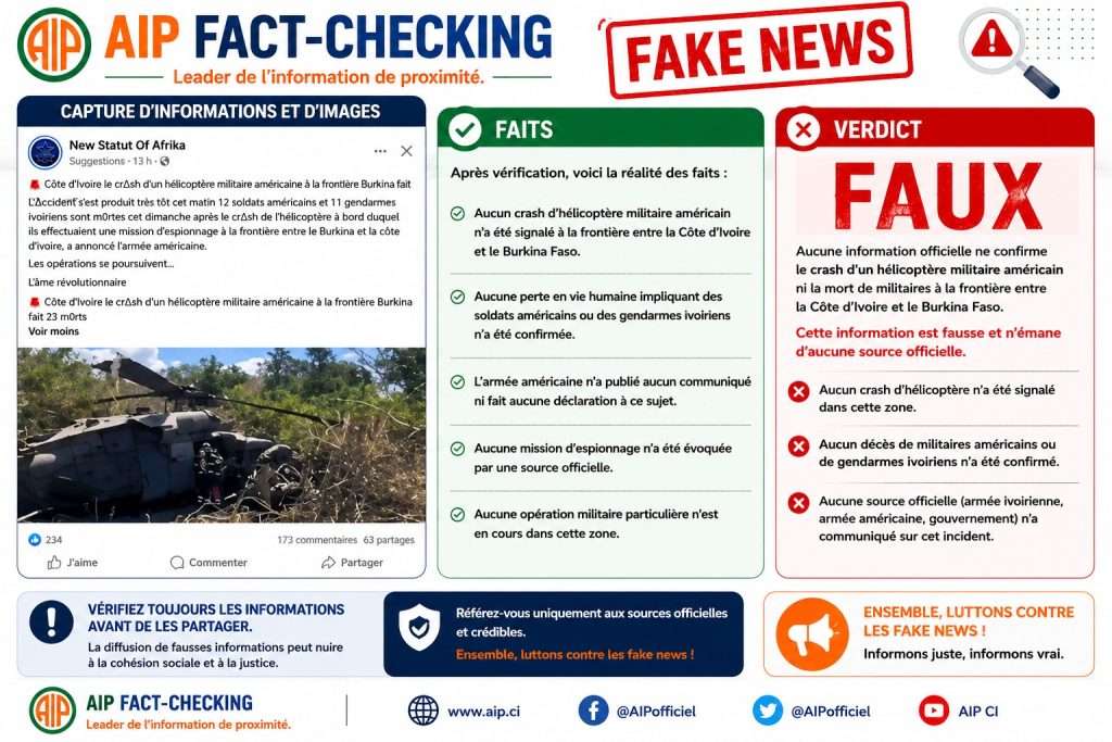 Faux, aucune information officielle ne confirme le crash d’un hélicoptère militaire américain ni la mort de militaires à la frontière entre la Côte d’Ivoire et le Burkina Faso