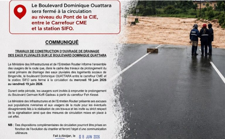 Côte d’Ivoire-AIP/ L’entrée de Bingerville fermée du 10 au 19 juin pour travaux de drainage (Ministère)