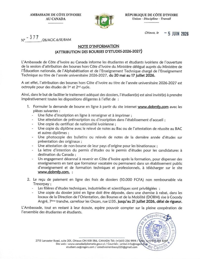 AIP/Inter/ Des bourses d’études au Canada ouvertes aux étudiants ivoiriens pour l’année universitaire 2026-2027 (Ambassade)