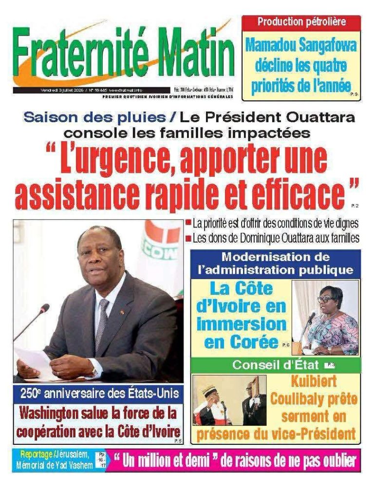 Côte d’Ivoire-AIP/ Revue de presse: le soutien du Président Ouattara aux victimes des pluies et le baptême de deux patrouilleurs dominent l’actualité