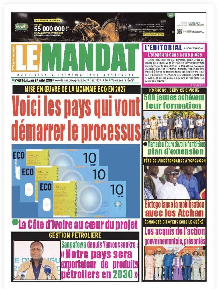 Côte d’Ivoire-AIP/ Revue de presse/La monnaie Eco en 2027 et le 66e anniversaire de l’indépendance principaux sujets à la Une des journaux
