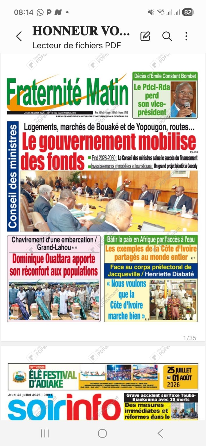 Côte d’Ivoire-AIP / Revue de presse/ Le Conseil des ministres, le drame du Bafing et le décès d’Émile Constant Bombet à la Une des journaux