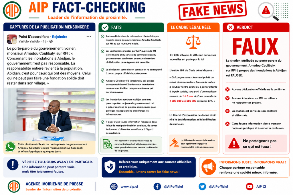 AIP-Fact-checking / La citation attribuée au porte-parole du gouvernement ivoirien, Amadou Coulibaly, sur RFI au sujet des inondations à Abidjan est fausse.