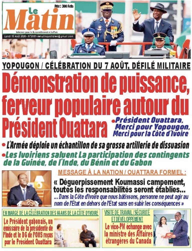 Côte d’Ivoire-AIP/ Revue de presse: le défilé militaire du 7 août et le message du président Ouattara à la Une