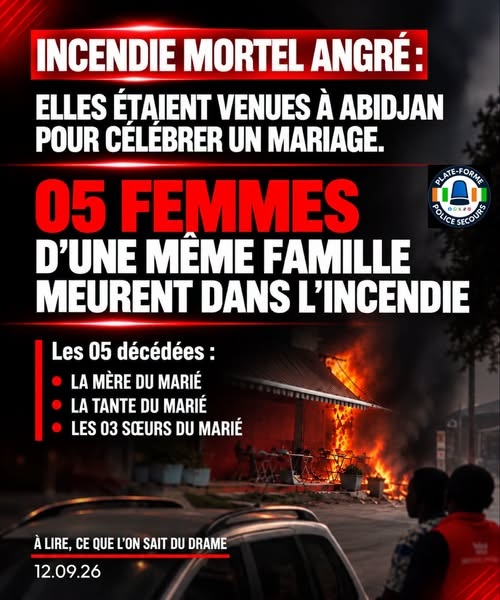 Côte d'Ivoire-AIP/ Cinq femmes d’une même famille périssent dans un incendie à Angré (Police)